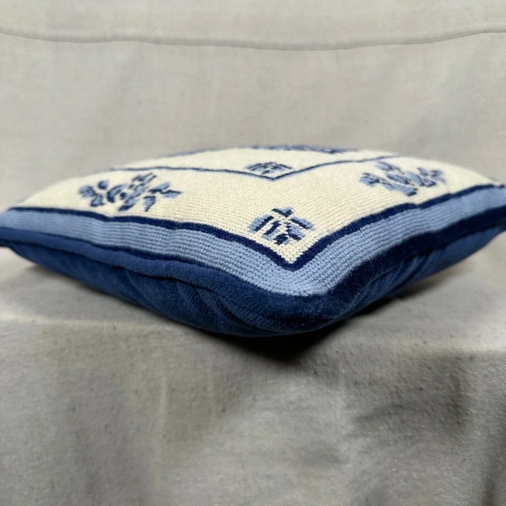 Vintage Blue Floral Needlepoint Throw Pillow‎ Velvet Back 13x13 Square Cushion